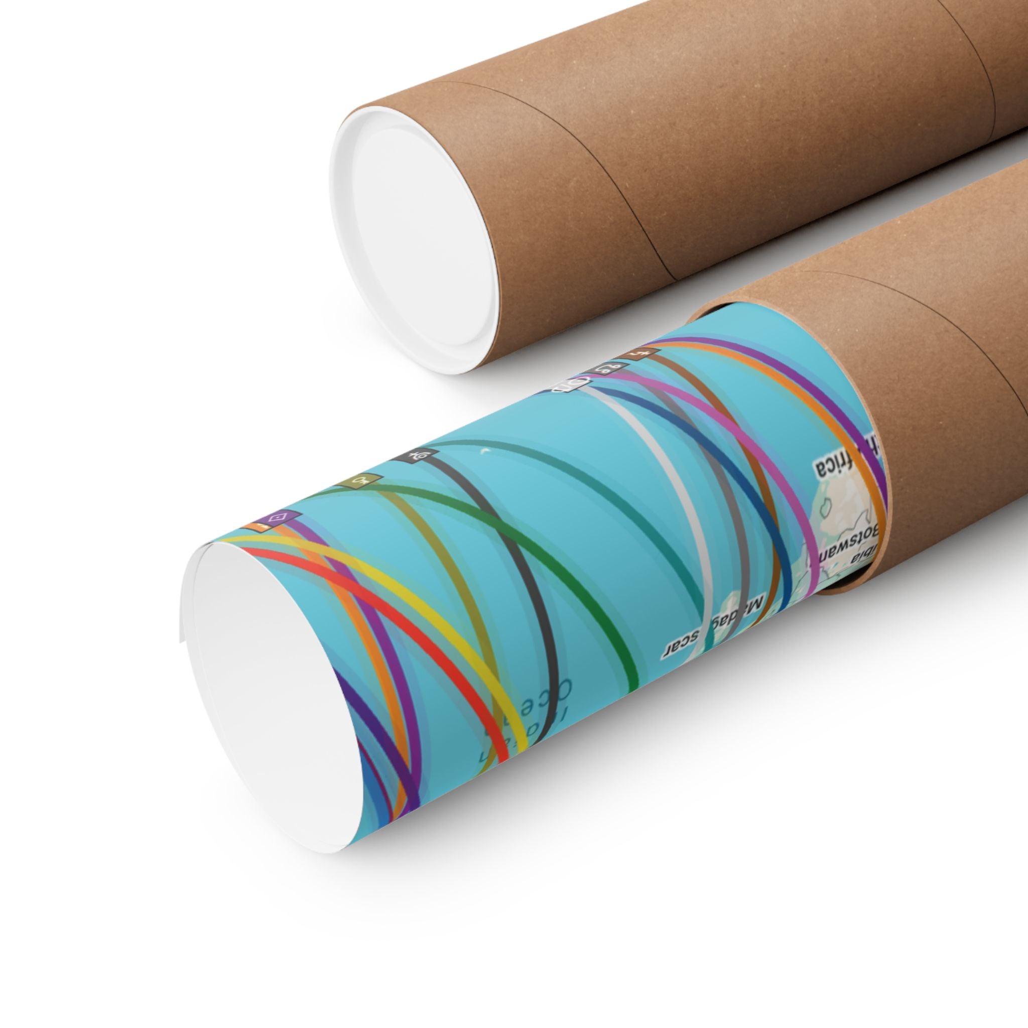 Astrocartography map on a roll of colorful paper with a cardboard tube on a white background