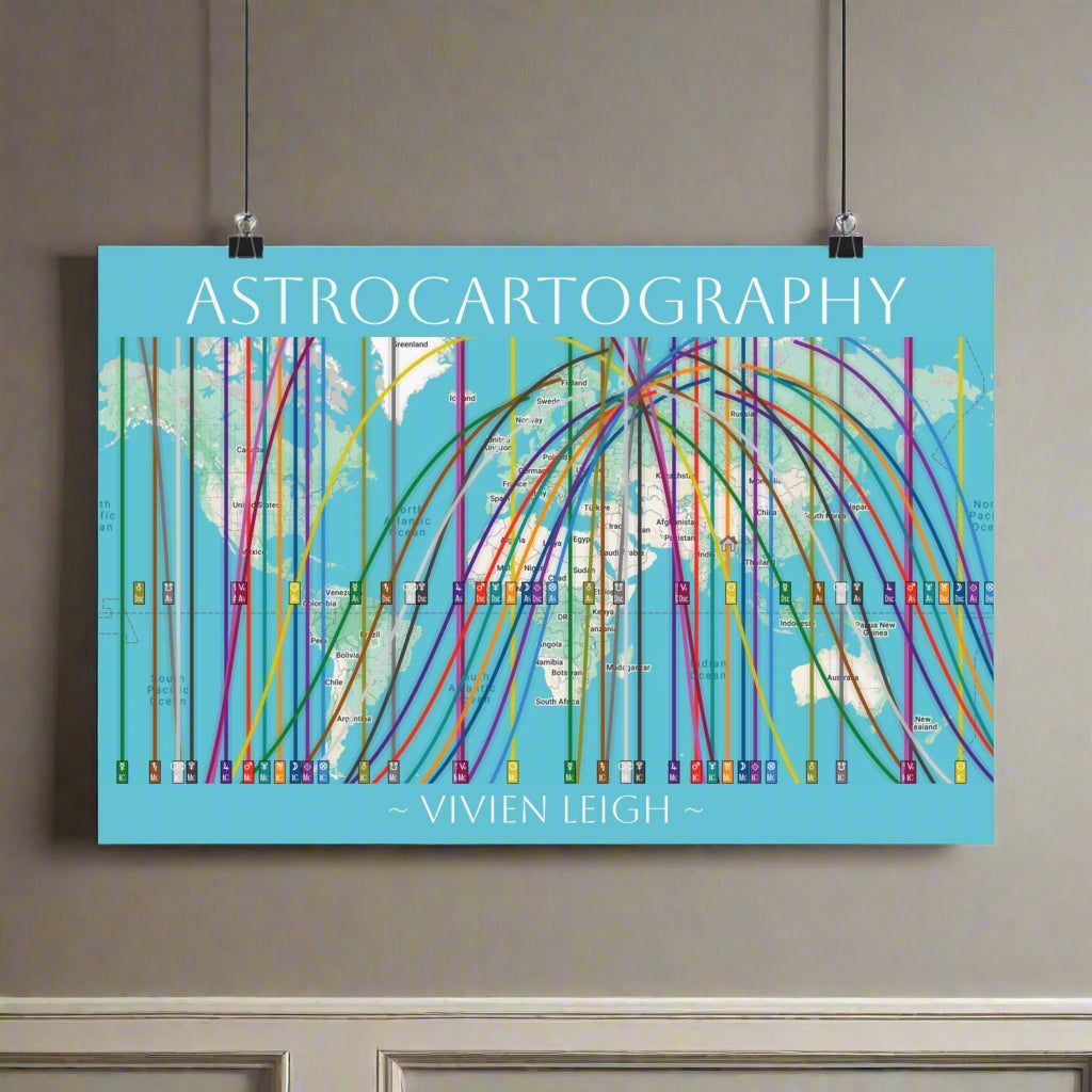 Custom astrocartography wall poster sample showing the astromap of Vivien Leigh on a colorful world map design on a blue background.