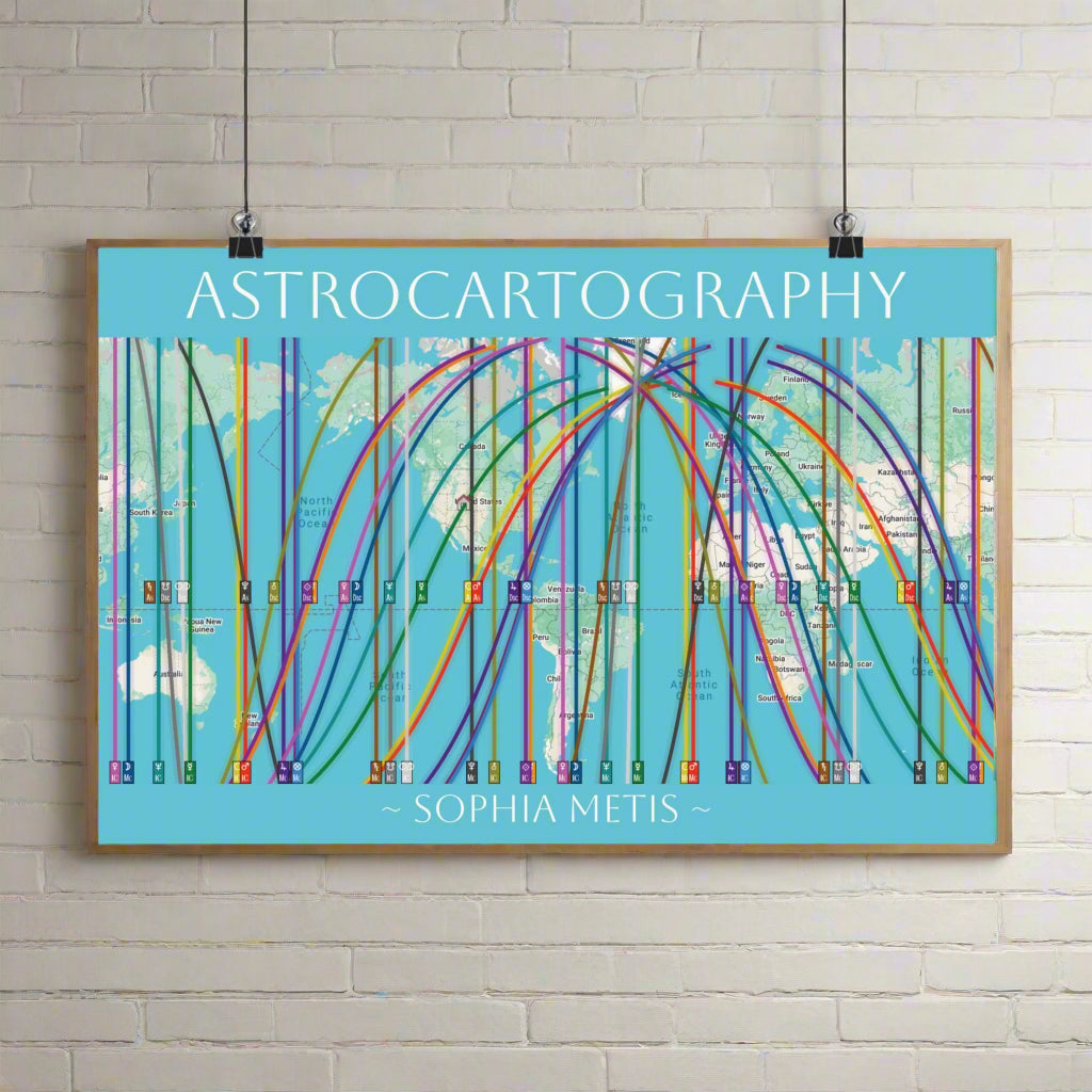 Custom astrocartography wall map sample with colorful world map design on a blue background.