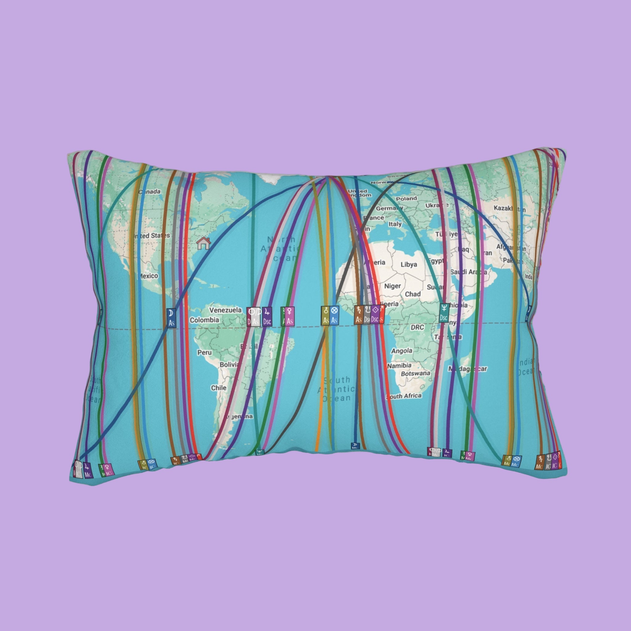 Pillow with personalized astrocartography world map design and colorful lines