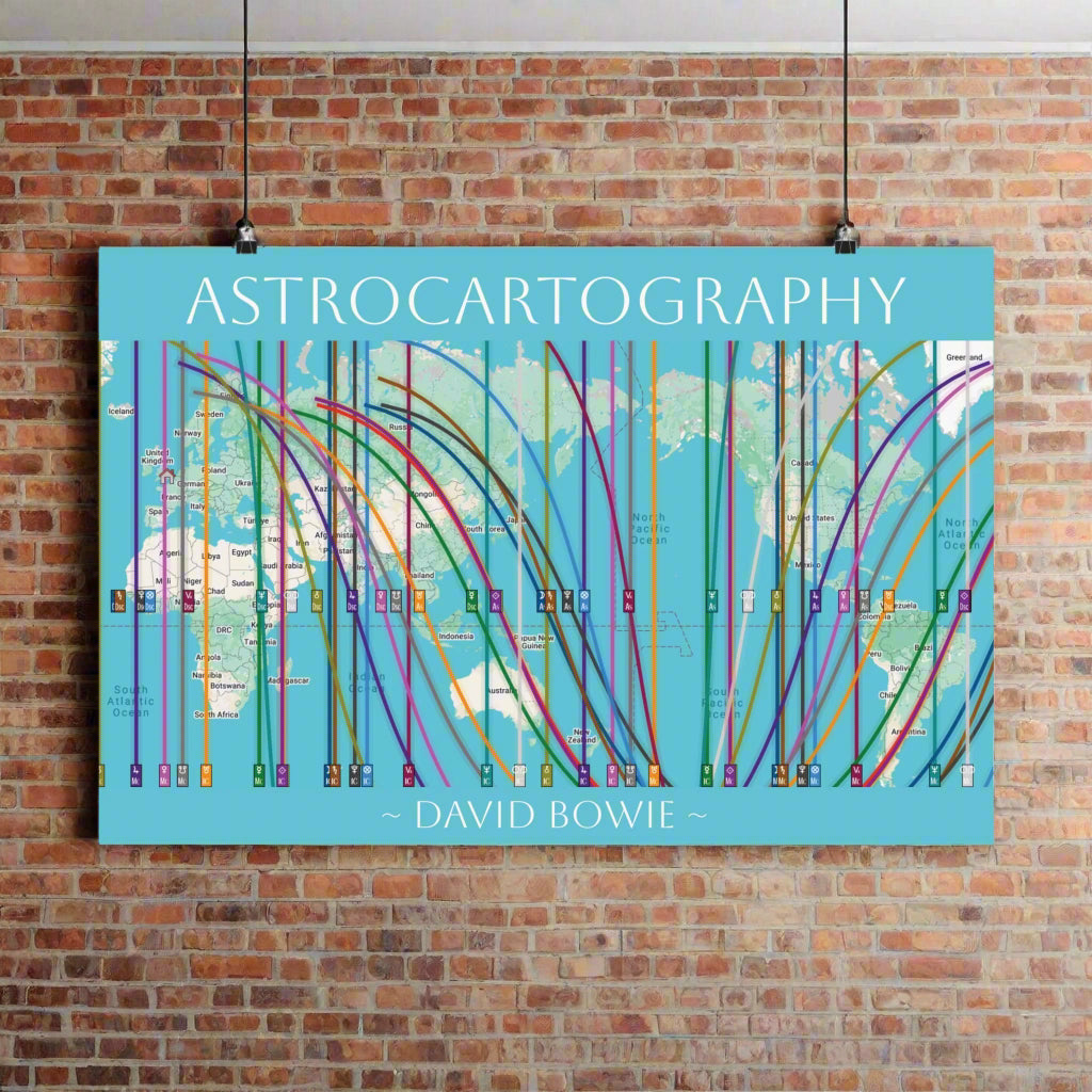 Poster with colorful lines and world map design, featuring the 'Astrocartography' map of David Bowie.