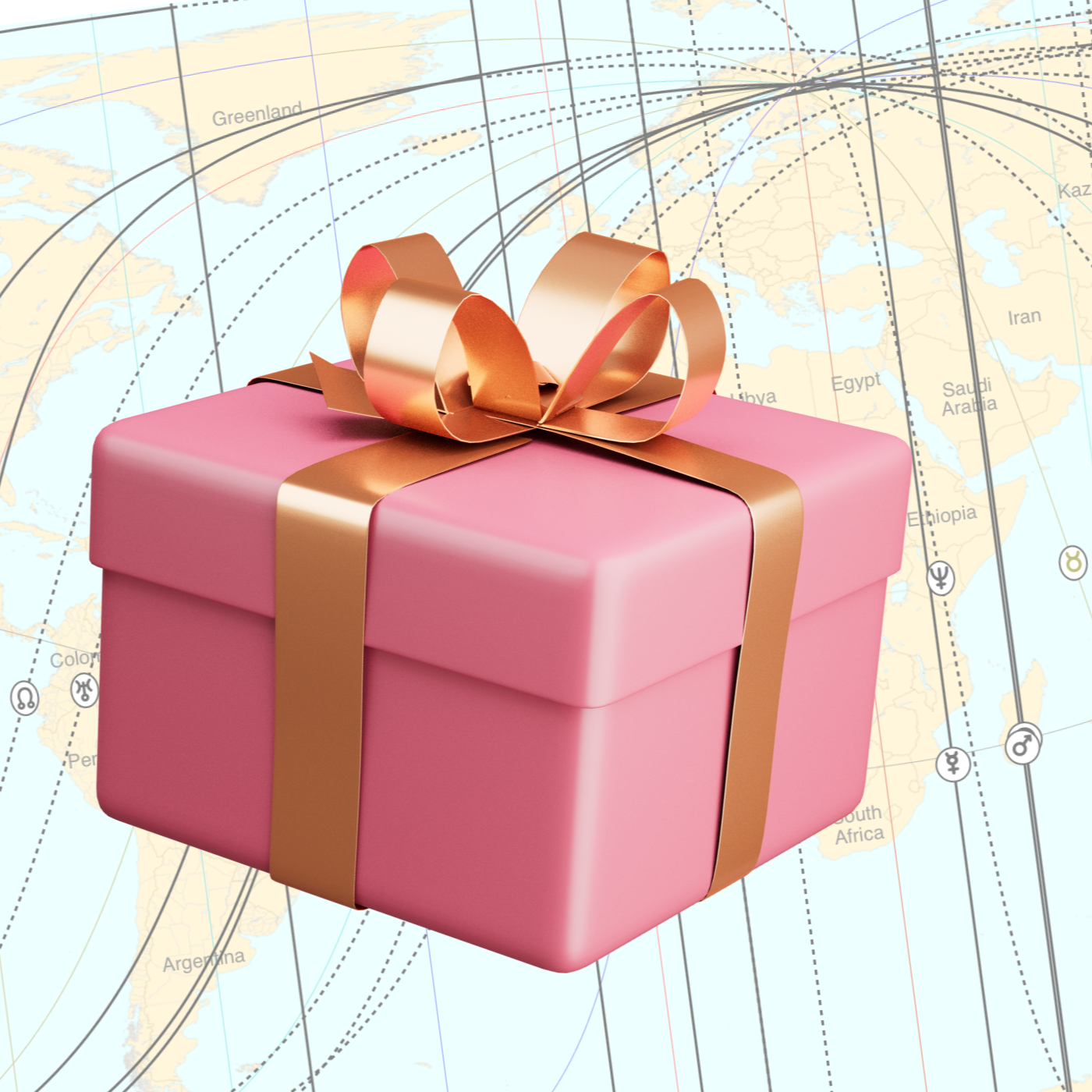 a thoughtful wrapped gift box with a gold bow on top of an astrocartography map