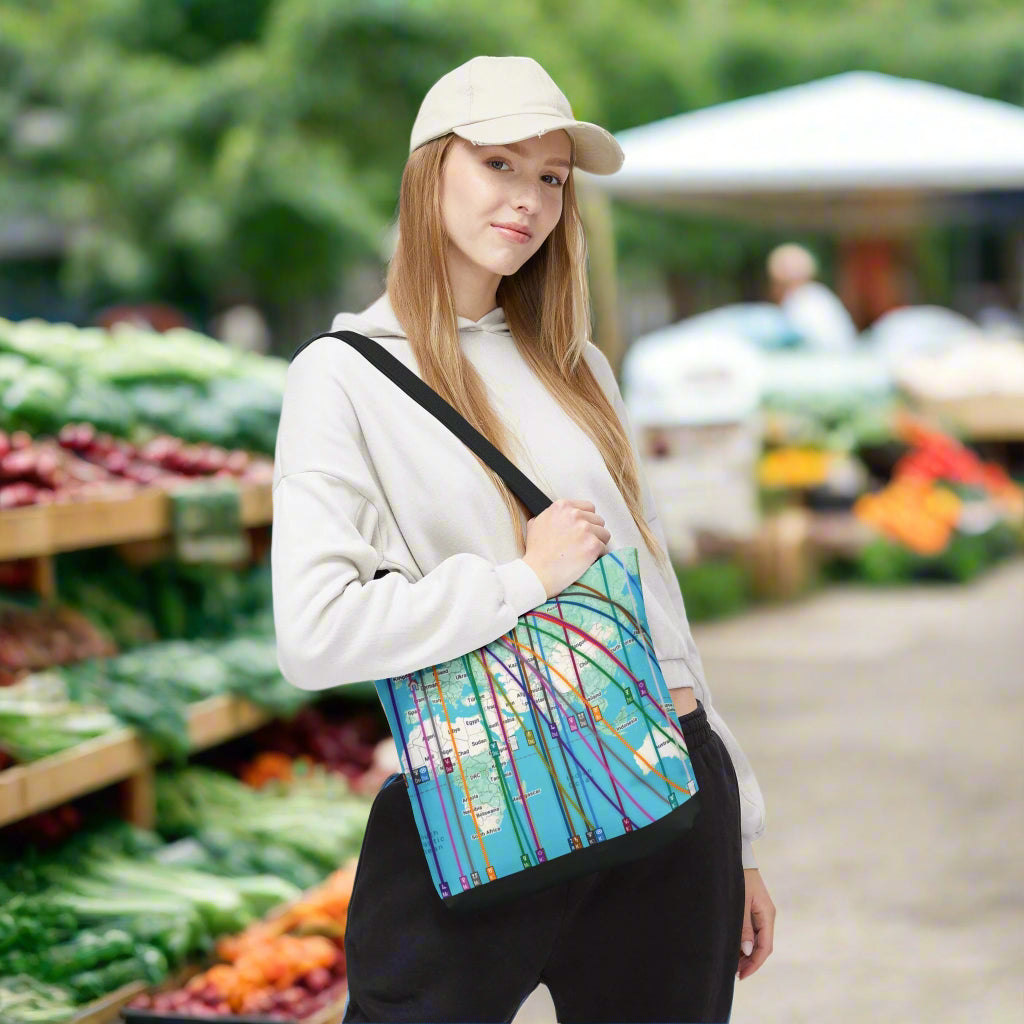 Woman wearing a colorful astrocartography world map canvas tote shopping bag at an outdoor farmer's market
